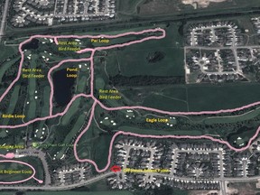 A map of the groomed trails for cross country skiing at the Stony Plain Golf Course. Later this month, staff at the golf course will set tracks along those trails for more traditional cross country skiing. - Image Supplied