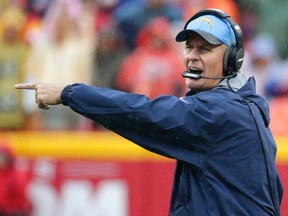 In this Dec. 13, 2015, file photo, San Diego Chargers head coach Mike McCoy shouts during the first half of an NFL football game against the Kansas City Chiefs in Kansas City, Mo. (AP Photo/Charlie Riedel, File)