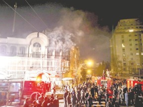 Flames rise from Saudi Arabia?s embassy during a demonstration in Tehran on Jan. 2. Iranian protesters stormed the embassy as Shi?ite Muslim Iran reacted with fury to Saudi Arabia?s execution of a prominent Shi?ite cleric. (Mehdi Ghasemi/ISNA/Reuters)
