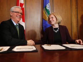 Manitoba Premier Greg Selinger and Alberta Premier Rachel Notley sign a memorandum of understanding on shared energy and climate change on Friday at the Manitoba Legislature. (THE CANADIAN PRESS/John Woods)
