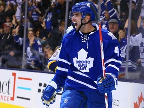 Nazem Kadri of the Toronto Maple Leafs celebrates his goal against the St. Louis Blues at the Air Canada Centre in Toronto on Jan. 2, 2016. (Dave Abel/Toronto Sun/Postmedia Network)