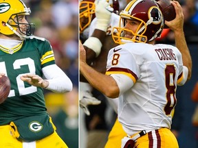 Packers quarterback Aaron Rodgers (left) and Redskins quarterback Kirk Cousins (right) square off in an NFL wild card game Sunday in Washington, D.C. (Jeff Hanisch/Mike DiNovo/USA TODAY Sports)