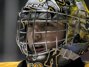 Kingston Frontenacs goalie Jeremy Helvig takes part in the warm up prior to the club's Ontario Hockey League game against the Oshawa Generals at the Rogers K-Rock Centre in Kingston on Friday. (Ian MacAlpine/The Whig-Standard)