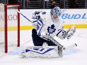 Toronto Maple Leafs goalie James Reimer (34) blocks a shot against the Los Angeles Kings during the second period at Staples Center on Jan. 7, 2016. (KELVIN KUO/USA TODAY Sports)