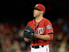 Drew Storen of the Washington Nationals reacts in the eighth inning during a game against the Philadelphia Phillies at Nationals Park in Washington on May 25, 2013. (Patrick McDermott/Getty Images/AFP)