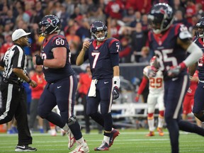 Houston Texans quarterback Brian Hoyer (7) reacts as he walks off the field in the second quarter of an AFC wild-card playoff football game against the Kansas City Chiefs at NRG Stadium in Houston on Saturday, January 9, 2016. (Kirby Lee/USA TODAY Sports)