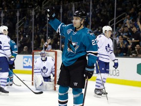 San Jose Sharks' Joonas Donskoi (27) celebrates after scoring against the Toronto Maple Leafs during the third period of an NHL hockey game Saturday, Jan. 9, 2016, in San Jose, Calif. San Jose won 7-0. (AP Photo/Marcio Jose Sanchez)