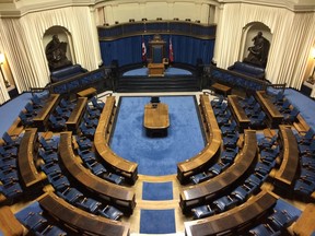 The Manitoba legislature chamber, shown on Wednesday Jan. 6, 2016, currently has stairs that prevent anyone in a wheelchair from sitting in the chairs used by politicians. Renovations are being planned, and with quadriplegic former member of Parliament Steven Fletcher running in the provincial election April 19, the clock is ticking. (THE CANADIAN PRESS/Steve Lambert)