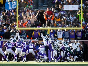 Minnesota Vikings kicker Blair Walsh (3) misses the potential game-winning field goal against the Seattle Seahawks in the fourth quarter in a NFC Wild Card playoff football game at TCF Bank Stadium. Bruce Kluckhohn-USA TODAY Sports