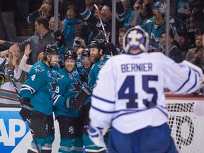 San Jose Sharks center Tomas Hertl (48) is congratulated for scoring a goal past Toronto Maple Leafs goalie Jonathan Bernier (45) during the second period at SAP Center at San Jose. Kyle Terada-USA TODAY Sports