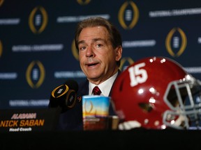 Alabama Crimson Tide head coach Nick Saban speaks to media in advance of the College Football Playoff championship at JW Marriott Camelback Inn. Erich Schlegel-USA TODAY Sports