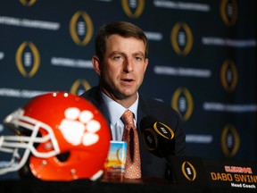 Clemson Tigers head coach Dabo Swinney speaks to media in advance of the College Football Playoff championship at JW Marriott Camelback Inn. Erich Schlegel-USA TODAY Sports