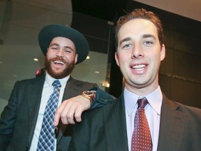 Blue Jays catcher Russell Martin (left) and retired pitcher Jeff Francis pose at a fundraiser for Baseball Canada on Saturday. (Veronica Henri/Toronto Sun)