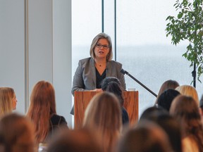 Ontario NDP Leader Andrea Horwath speaks to delegates about her experiences in politics at the inaugural Queen's Female Leadership in Politics conference at the Isabel Bader Centre for the Performing Arts on Sunday. (Julia McKay/The Whig-Standard)