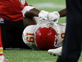 Kansas City Chiefs wide receiver Jeremy Maclin (19) lies on the turf after he was injured during the second half of an NFL wild-card playoff football game against the Houston Texans,  Saturday, Jan. 9, 2016, in Houston. (AP Photo/Tony Gutierrez)