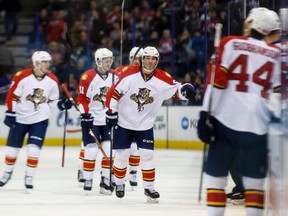 Veteran Jaromir Jagr leads the goal celebration after scoring Sunday night (Ian Kucerak, Edmonton Sun).