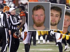 At least six men were arrested during Saturday night's AFC wild-card game between the Bengals and Steelers at Paul Brown Stadium. Martin Cooke (front left), who is accused of urinating on another fan, is pictured in a mugshot obtained by the Cincinnati Enquirer from the Hamilton County Jail. The other two men pictured are accused of separate crimes.