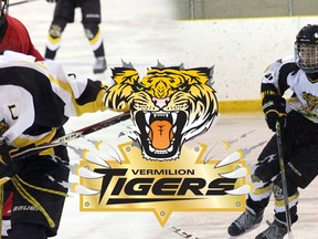 Dylan Eremko, left, and Logan Garnier, right, are leading the Vermilion Lakeland College Bantam Tigers in scoring. Both players are also 1-2 in league scoring respectively.
