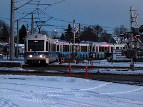 The  Edmonton LRT Metro line train pulls into  the NAIT station during a evening rush-hour trip from the downtown core. Photo by Tom Braid/Edmonton Sun