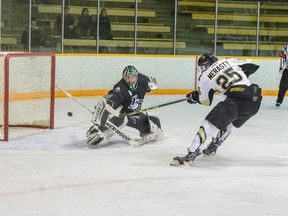 Shaq Merasty scores one of his two weekend goals in a huge sweep for the U of M Bisons over the Alberta Golden Bears.
