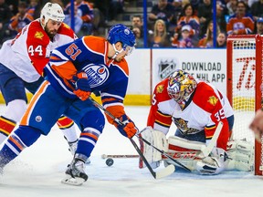 Anton Lander is stopped by Panthers goalie Al Montoya during Sunday's game at Rexall Place. The Oilers were held scoreless on their power plays during the game. (USA TODAY SPORTS)