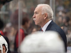 Chicago Blackhawks head coach Joel Quenneville watches his team take on the against the Dallas Stars during the third period at the American Airlines Center. The Stars shut out the Blackhawks 4-0. Jerome Miron-USA TODAY Sports