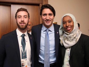 Submitted photo: Wallaceburg's Josh Mazur, left, poses for a picture with Canadian Prime Minister Justin Trudeau and fellow Canadian youth delegate Aden Hamza in Malta at the Commonwealth Youth Forum. The forum took place prior to the Commonwealth Heads of Government meeting held in Malta in November.