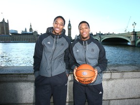 DeMar DeRozan and Kyle Lowry of the Toronto Raptors poses for a photo as part of the 2016 Global Games London at Big Ben in London on Jan. 12, 2016. Coach Nick Nurse has strong ties to England. (Nathaniel S. Butler/NBAE via Getty Images/AFP)