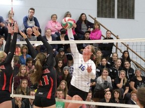 Among the hundreds of provincial athletes in line to contribute to the Alberta College Athletic Conference’s campaign to promote mental health and wellness is third-year middle Jocelyn Van Ryk of the King’s Eagles. Here, the standout player shows her offensive form in an early-season victory over the Augustana Vikings. The same rivals will meet in home-and-home play this weekend. (Supplied)