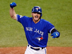 In this Oct. 19, 2015, file photo, Toronto Blue Jays’ Josh Donaldson celebrates his two-run home run against the Kansas City Royals during Game 3 of the American League Championship Series in Toronto. (AP Photo/Paul Sancya, File)