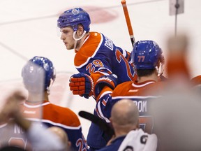 Edmonton Oilers centre Leon Draisaitl celebrates his goal against the San Jose Sharks at Rexall Place in Edmonton on Dec. 9, 2015. (Ian Kucerak/Edmonton Sun/Postmedia Network)