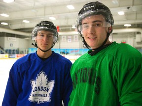 Brenden Trottier, left, and Tyler Sehovic are the two big guns the junior B London Nationals picked up ahead of this week?s trade deadline to make a run at the Greater Ontario Junior Hockey League?s Western Conference title. (Mike Hensen/The London Free Press)