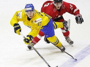 Future Leaf Dmytro Timashov, playing here for Sweden at the recent world junior championship, was traded to the Shawinigan Cataractes during his stay in Finland, then made a big splash with his new team when he returned home. (AP)