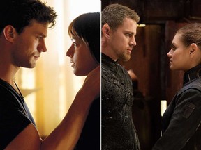 (L-R) Jamie Dornan and Dakota Johnson in Fifty Shades Of Grey and Channing Tatum and Mila Kunis in "Jupiter Ascending."
