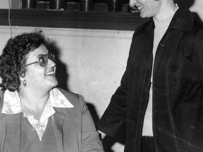 Helen LeFrank, left, who was retiring from St. Thomas city council in 1976, took a few minutes at election headquarters to chat with her successor, Janet Golding, who placed fifth overall in the balloting.