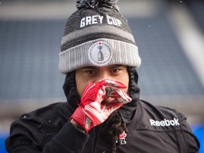 Ottawa Redblacks Damaso Munoz pauses for a moment during a team practice in Winnipeg, Man., Wednesday, Nov. 25, 2015. The Redblacks will play the Edmonton Eskimos in the 103rd Grey Cup on Sunday. THE CANADIAN PRESS/Jonathan Hayward