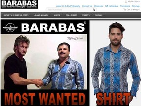 Barabas posted a Rolling Stone image of drug lord Joaquin "El Chapo" Guzman a shirt from the apparel apparel firm shaking hands with Sean Penn that accompanied an exclusive interview for the magazine next to an image of a handsomely coiffed male model in the same Barabas shirt. (Barabasmen.com screengrab)