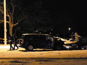 A Toyota Corolla and a minivan are seen after a fatal head-on collision in Brampton at Central Park Dr. and Howden Blvd. Tuesday, Jan. 12, 2015. (Pascal Marchand photo)