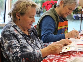 Olivia Williams, of Camlachie, left, and Rosie Richards, of Sarnia, try out new techniques at an acrylic painting workshop held at Grace United Church Wednesday. The Sarnia Artists' Workshop is hosting a winter series of weekly art lessons until April 27. Workshop topics include watercolour painting, photography and pottery. (Barbara Simpson/Sarnia Observer/Postmedia Network)