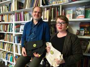 Jason Dickson and Vanessa Brown run a bookstore called Brown and Dickson Booksellers in the old Novacks building on King Street in London. They sell used and new books, and now, Novack?s bags. (Mike Hensen / The London Free Press)