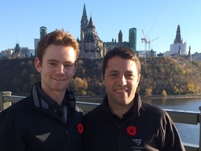 Matt Dunlop (left) is the first recruit to sign on with the Ottawa Gee-Gees men's hockey team, coached by Patrick Grandmaitre (right). SUBMITTED PHOTO