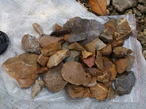 Surface-collected stone artefacts that were found lying scattered on the gravelly surface near Talepu on the Indonesian island of Sulawesi, are pictured in this undated handout photo obtained by Reuters January 13, 2016. Scientists on January 13 announced the discovery of stone tools at least 118,000 years old, indicating a human presence. The scientists said no fossils of these individuals were found in conjunction with the tools, leaving the toolmakers' identity a mystery. (REUTERS/Erick Setiabudi/Handout via Reuters)