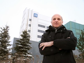 Nick Dominelli, co-chair of the ceo patient and family advisory council stands in front of Health Sciences North in Sudbury, Ont. on Wednesday January 13, 2016. Gino Donato/Sudbury Star/Postmedia Network