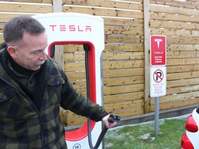 The Tesla superchargers at the Quality Inn in Woodstock can recharge a Tesla - giving it about 300 km of range - in 20 minutes. (MEGAN STACEY, Sentinel-Review file photo)
