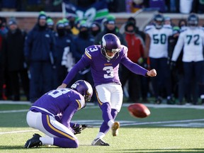 Minnesota Vikings kicker Blair Walsh (3) misses a field goal against the Seattle Seahawks, Sunday, Jan. 10, 2016, in Minneapolis. (AP Photo/Jim Mone)