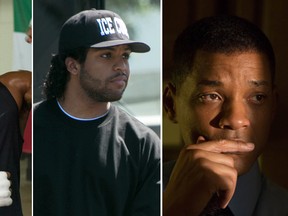 Pictured, left to right: "Creed," "Straight Outta Compton" and "Concussion." (Handout photos)