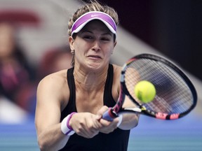 Eugenie Bouchard, seen here taking on Andrea Petkovic at the China Open in Beijing, China, October 5, 2015, is into the semifinals at the Hobart International in Australia. (REUTERS/Stringer)
