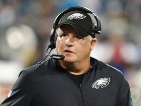 In this Oct. 25, 2015, file photo, Philadelphia Eagles head coach Chip Kelly watches the action from the sidelines in Charlotte, N.C. (AP Photo/Bob Leverone, File)