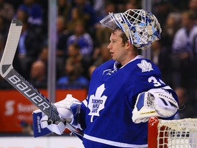 James Reimer of the Toronto Maple Leafs regroups after the second goal scored by the Columbus Blue Jackets during NHL action at the Air Canada Centre in Toronto on Wednesday, January 13, 2016. (Dave Abel/Toronto Sun)