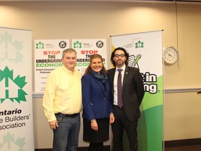Parliamentary Assistant Laura Albanese has begun consultations with the construction sector to find solutions to the issue of the underground economy. She is flanked by Jon-Carlos Tsilfidis, chair of the OHBA Renovators’ Council, and Joe Vaccaro, CEO of OHBA.